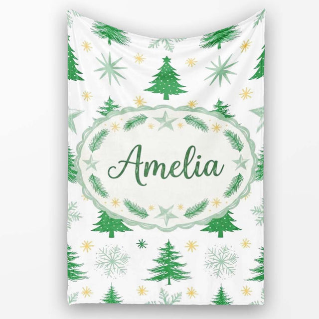 Minimal Green Christmas Trees with Snowflakes and Stars Seamless  Personalised Custom Name Super Soft Fleece Blanket Bed Sofa Throw