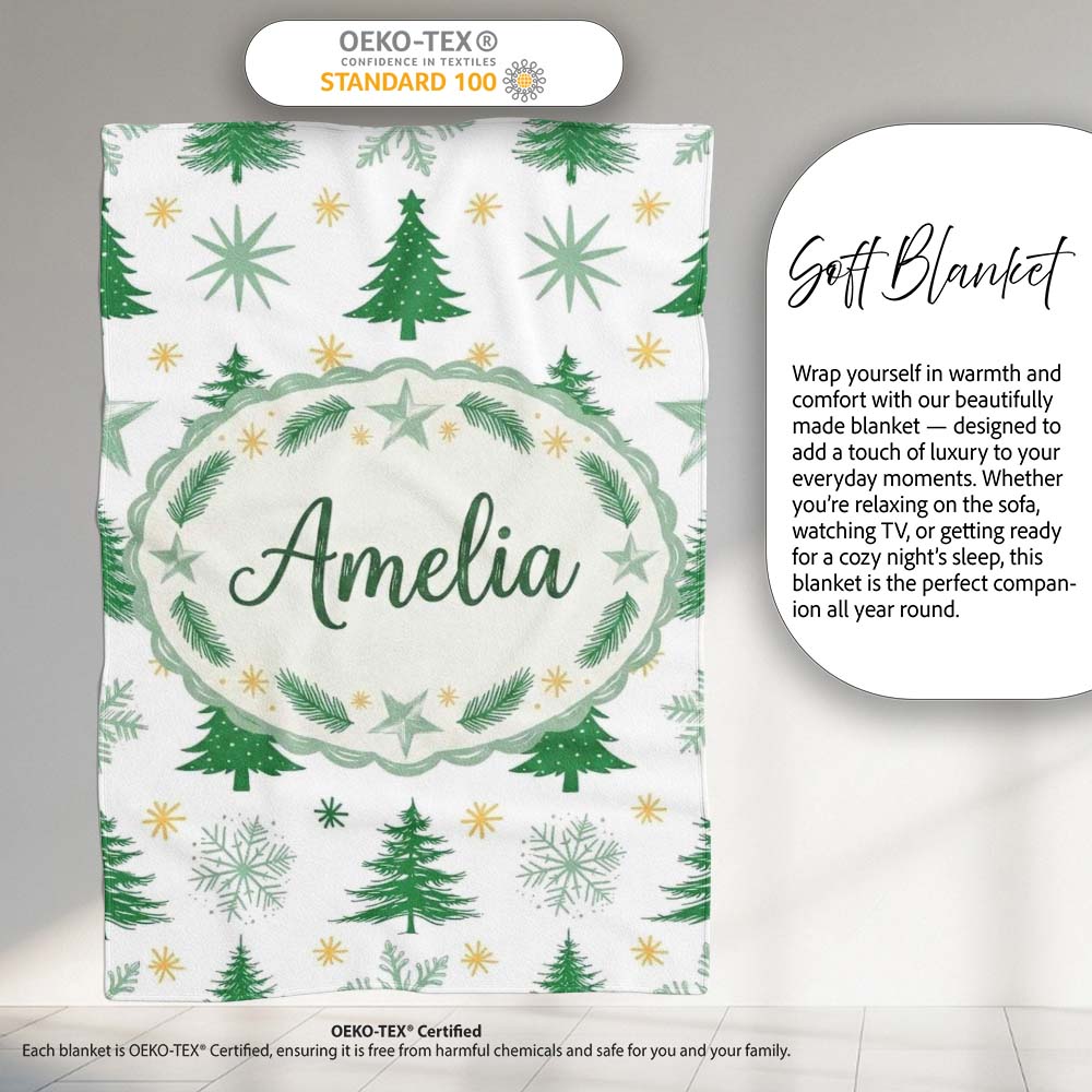 Minimal Green Christmas Trees with Snowflakes and Stars Seamless  Personalised Custom Name Super Soft Fleece Blanket Bed Sofa Throw