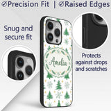 Minimal Green Christmas Trees with Snowflakes and Custom Name Protective Phone Case Mobile Cover Durable Everyday Smartphone Shock Resistant