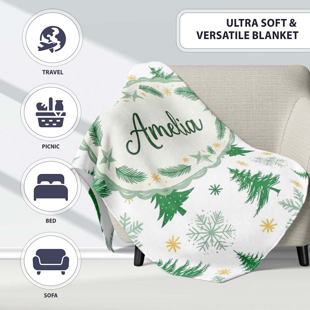 Minimal Green Christmas Trees with Snowflakes and Stars Seamless  Personalised Custom Name Super Soft Fleece Blanket Bed Sofa Throw
