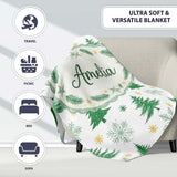 Minimal Green Christmas Trees with Snowflakes and Stars Seamless  Personalised Custom Name Super Soft Fleece Blanket Bed Sofa Throw