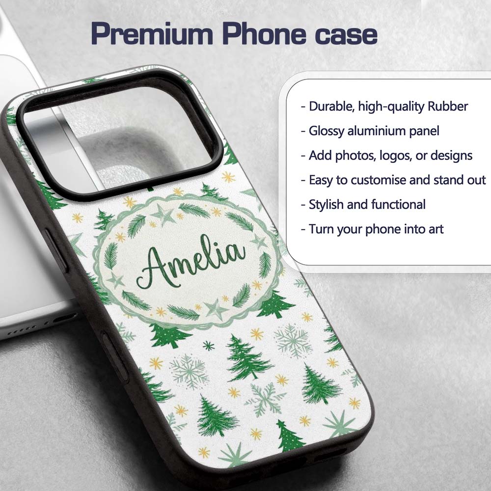 Minimal Green Christmas Trees with Snowflakes and Custom Name Protective Phone Case Mobile Cover Durable Everyday Smartphone Shock Resistant