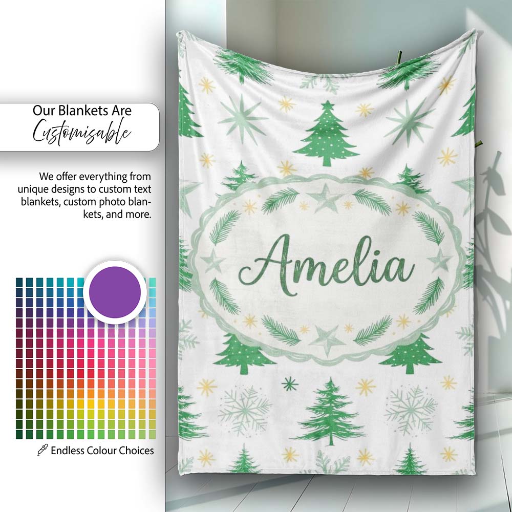 Minimal Green Christmas Trees with Snowflakes and Stars Seamless  Personalised Custom Name Super Soft Fleece Blanket Bed Sofa Throw