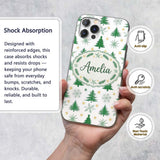 Minimal Green Christmas Trees with Snowflakes and Custom Name Protective Phone Case Mobile Cover Durable Everyday Smartphone Shock Resistant