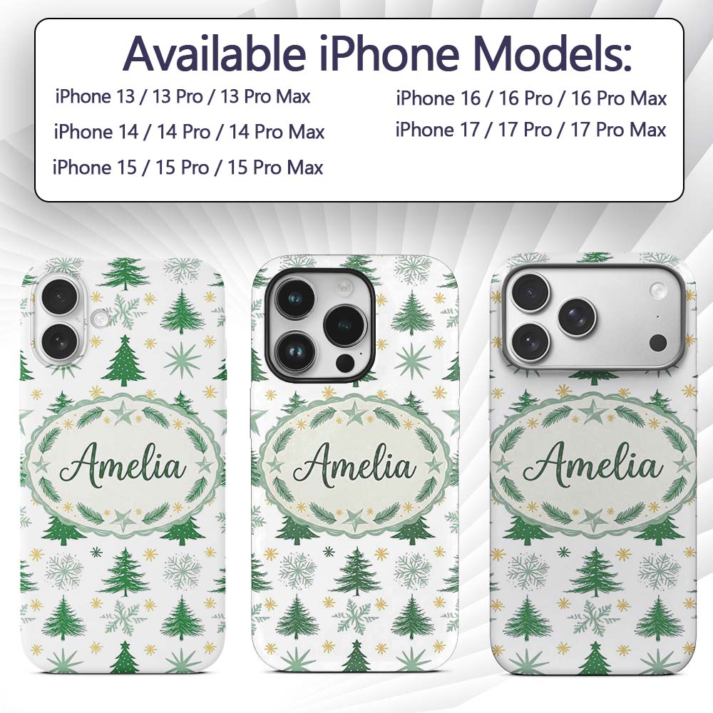 Minimal Green Christmas Trees with Snowflakes and Custom Name Protective Phone Case Mobile Cover Durable Everyday Smartphone Shock Resistant