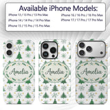 Minimal Green Christmas Trees with Snowflakes and Custom Name Protective Phone Case Mobile Cover Durable Everyday Smartphone Shock Resistant