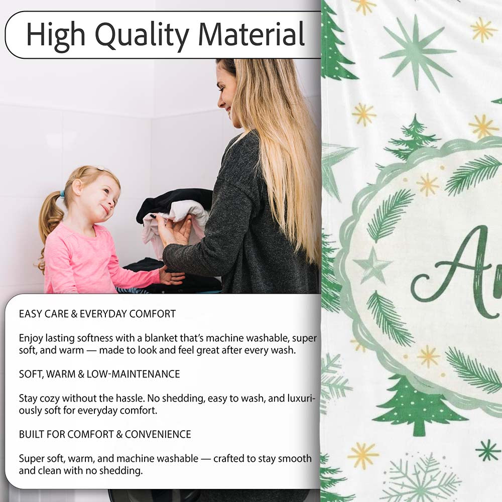 Minimal Green Christmas Trees with Snowflakes and Stars Seamless  Personalised Custom Name Super Soft Fleece Blanket Bed Sofa Throw