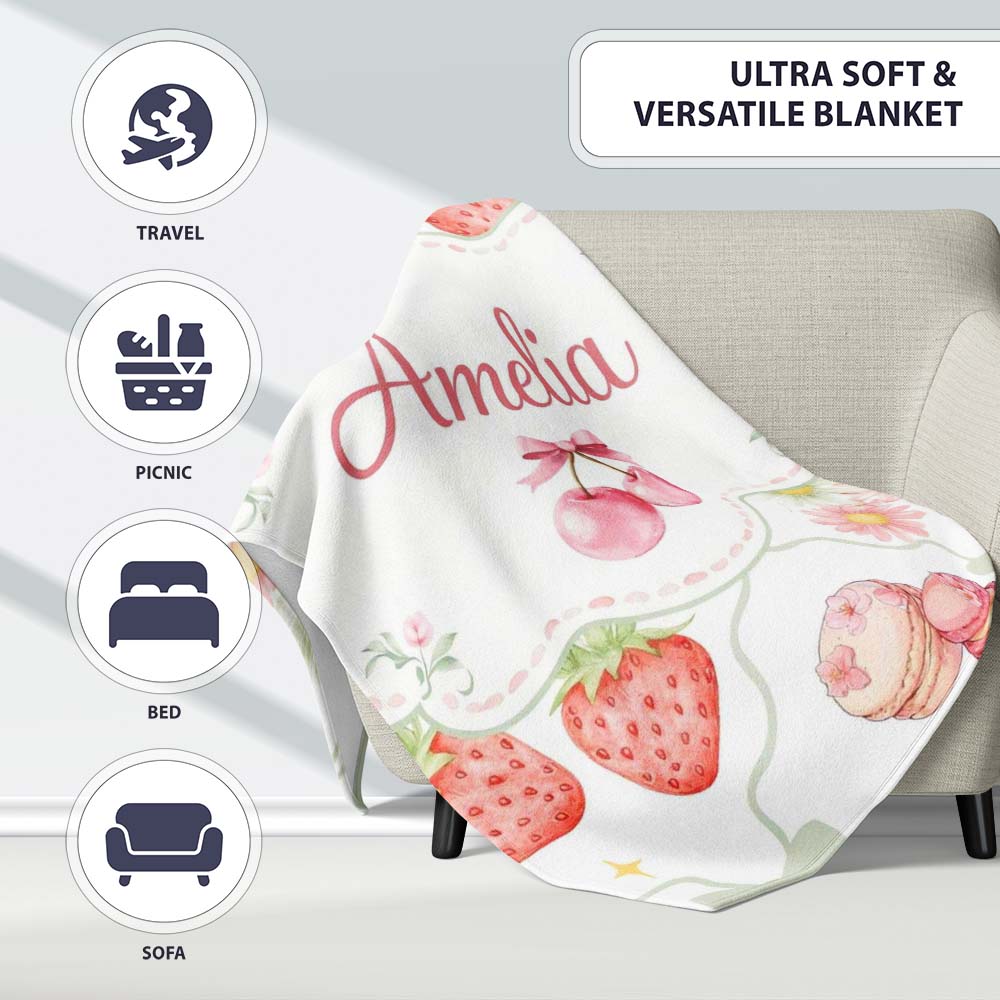 Strawberry Cherry Daisy White Green Outline Cute Coquette Floral  Personalised Custom Name Super Soft Fleece Blanket Bed Sofa Throw