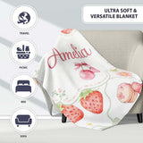 Strawberry Cherry Daisy White Green Outline Cute Coquette Floral  Personalised Custom Name Super Soft Fleece Blanket Bed Sofa Throw