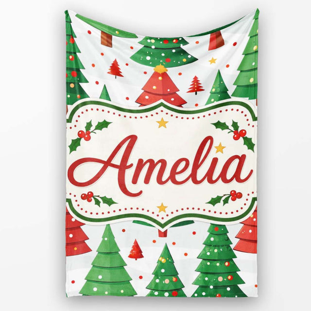 Cute Christmas Trees in Red and Green with Falling Snow Seamless  Personalised Custom Name Super Soft Fleece Blanket Bed Sofa Throw