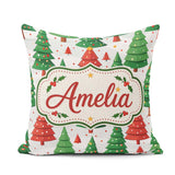 Custom Name Christmas Trees in Red and Green with Snow Seamless Square Filled Cushion Throw Pillow Sofa Bed Home Decor Zip Washable UK Made