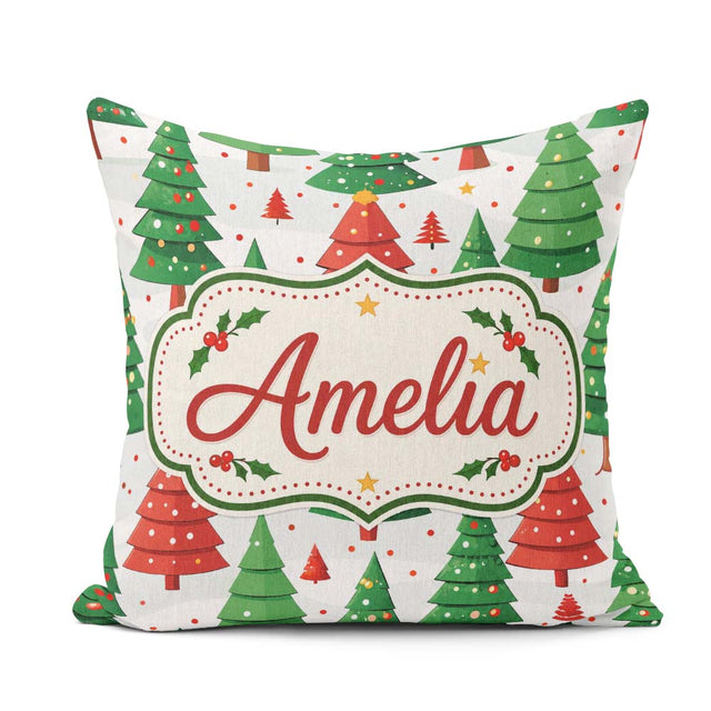Custom Name Christmas Trees in Red and Green with Snow Seamless Square Filled Cushion Throw Pillow Sofa Bed Home Decor Zip Washable UK Made