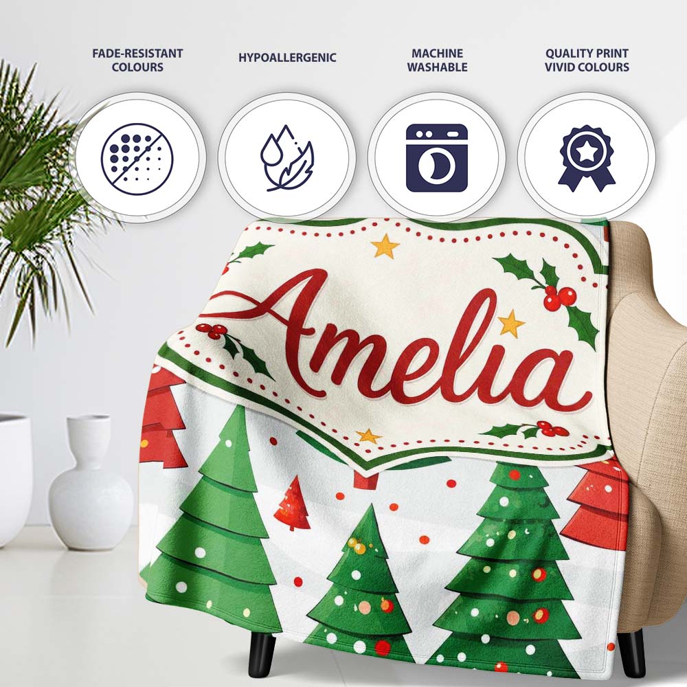 Cute Christmas Trees in Red and Green with Falling Snow Seamless  Personalised Custom Name Super Soft Fleece Blanket Bed Sofa Throw