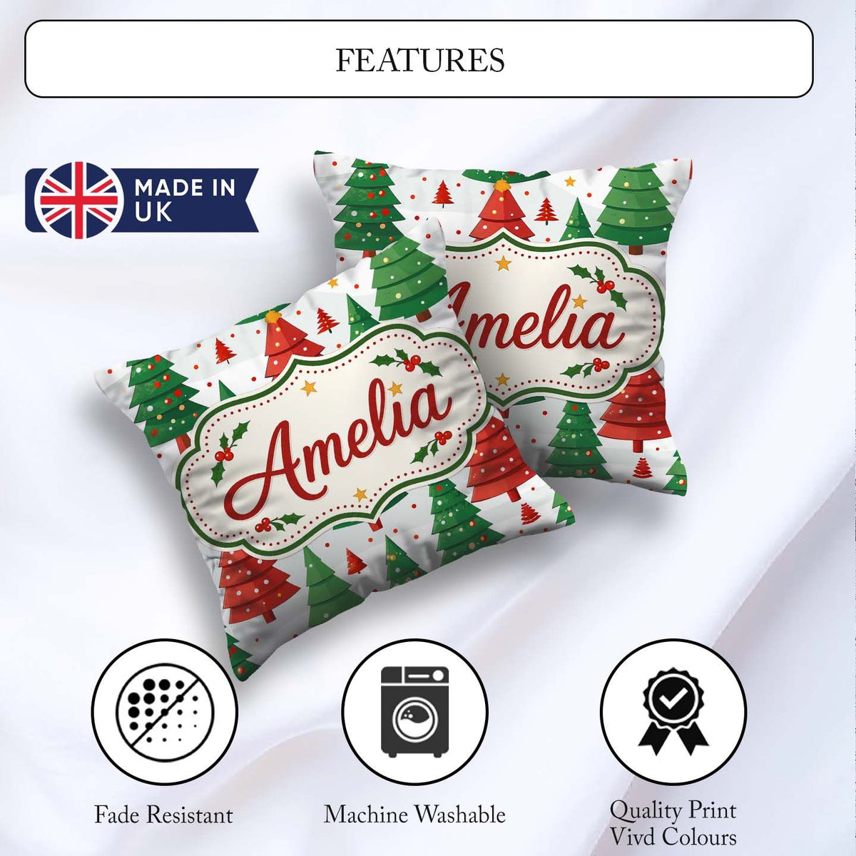 Custom Name Christmas Trees in Red and Green with Snow Seamless Square Filled Cushion Throw Pillow Sofa Bed Home Decor Zip Washable UK Made