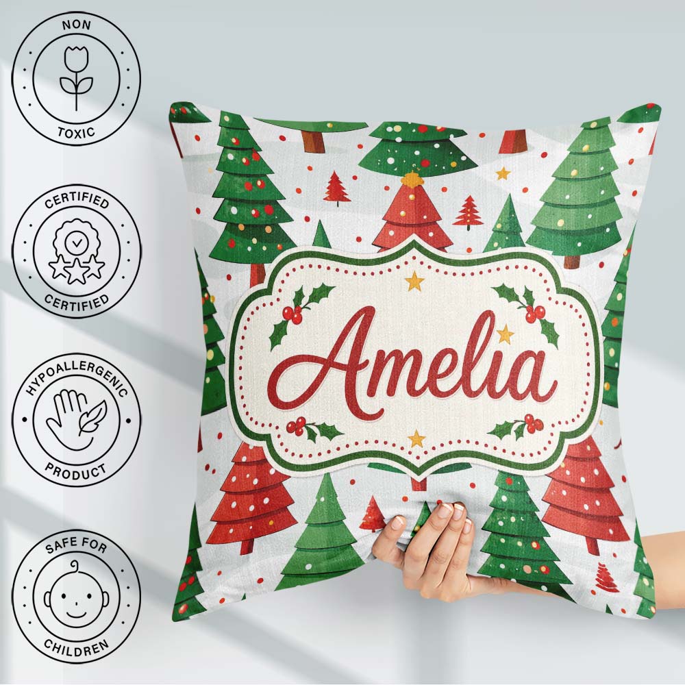 Custom Name Christmas Trees in Red and Green with Snow Seamless Square Filled Cushion Throw Pillow Sofa Bed Home Decor Zip Washable UK Made