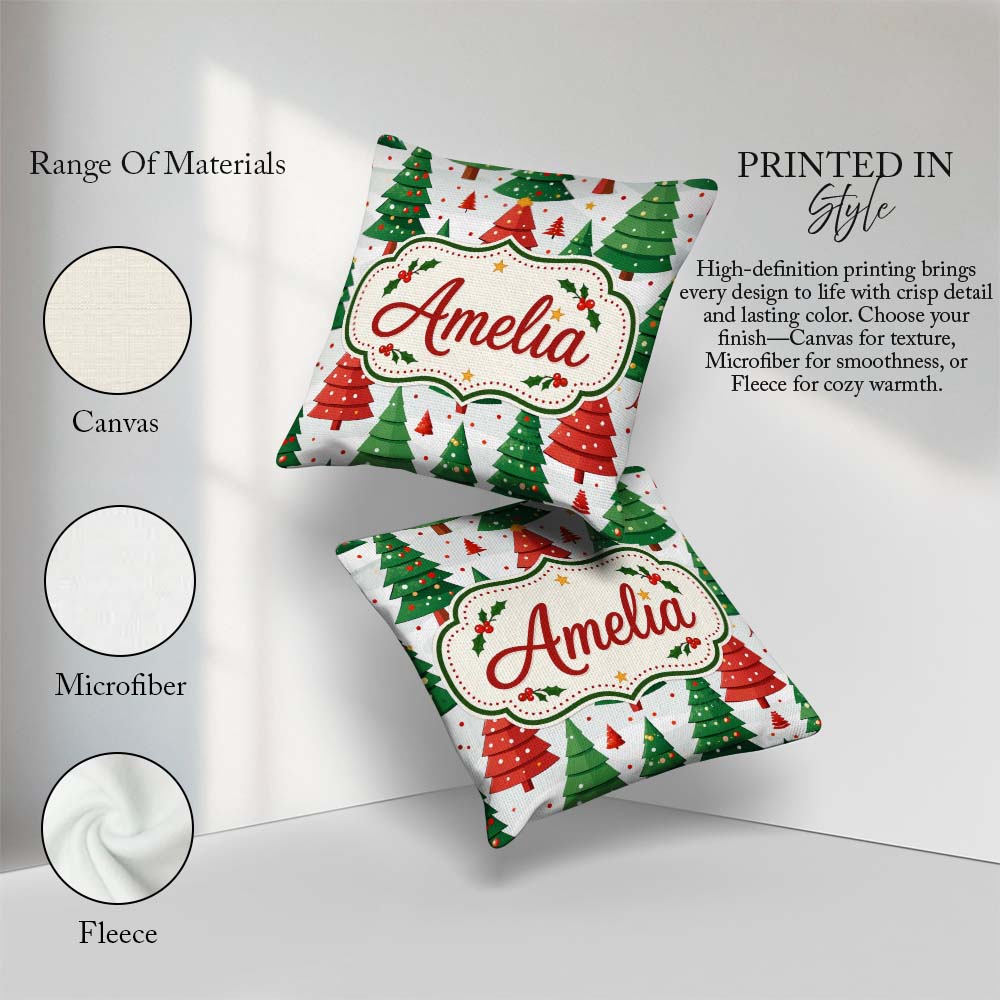 Custom Name Christmas Trees in Red and Green with Snow Seamless Square Filled Cushion Throw Pillow Sofa Bed Home Decor Zip Washable UK Made
