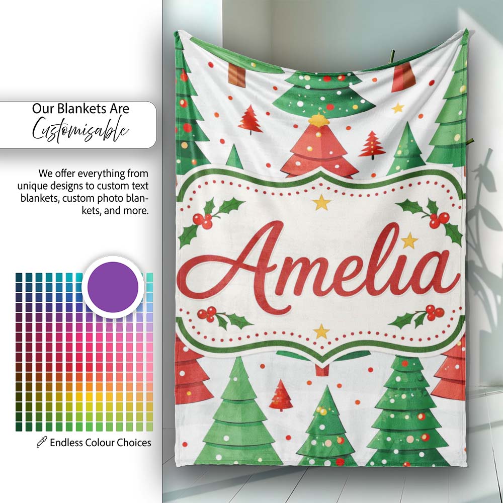 Cute Christmas Trees in Red and Green with Falling Snow Seamless  Personalised Custom Name Super Soft Fleece Blanket Bed Sofa Throw