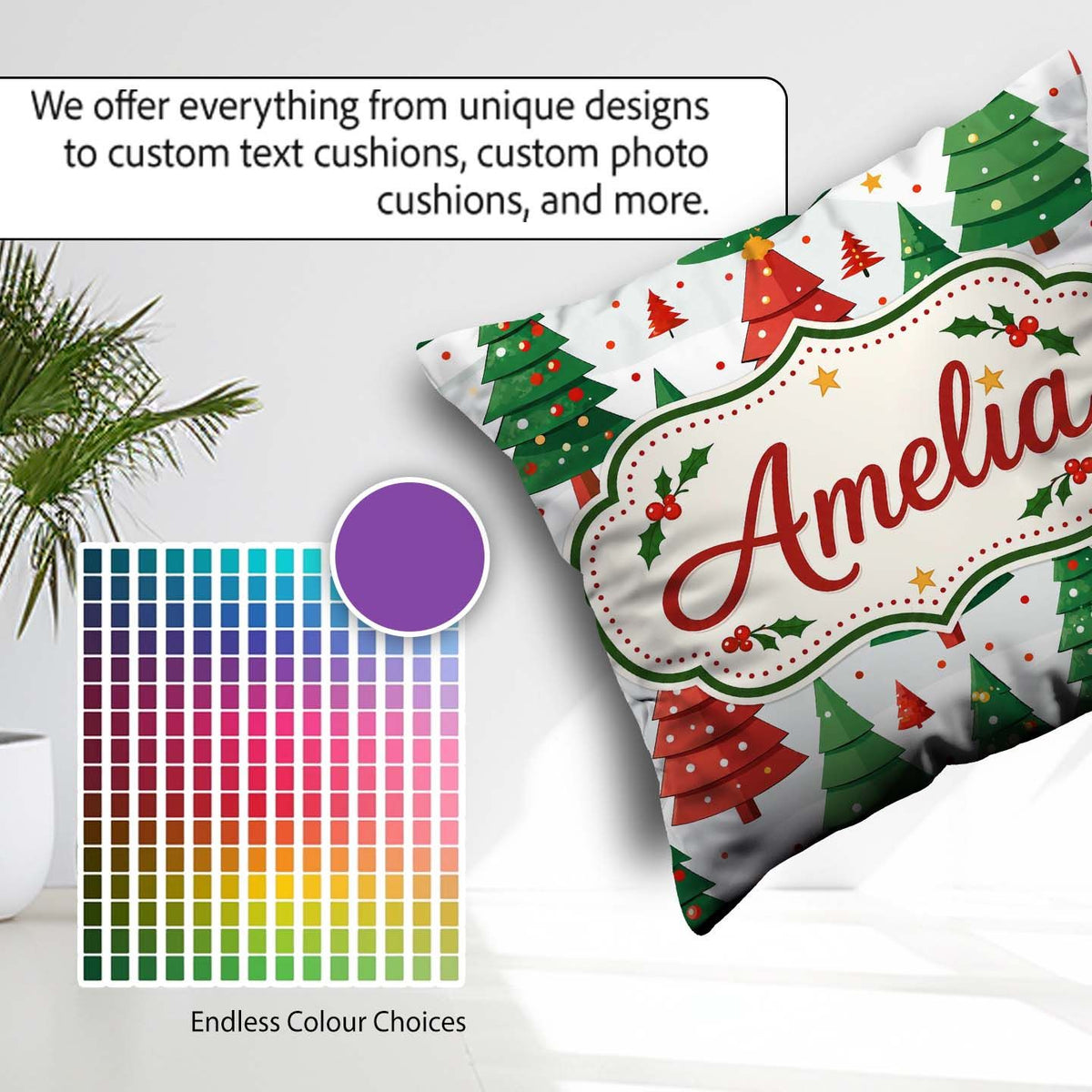 Custom Name Christmas Trees in Red and Green with Snow Seamless Square Filled Cushion Throw Pillow Sofa Bed Home Decor Zip Washable UK Made