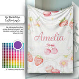 Strawberry Cherry Daisy White Green Outline Cute Coquette Floral  Personalised Custom Name Super Soft Fleece Blanket Bed Sofa Throw