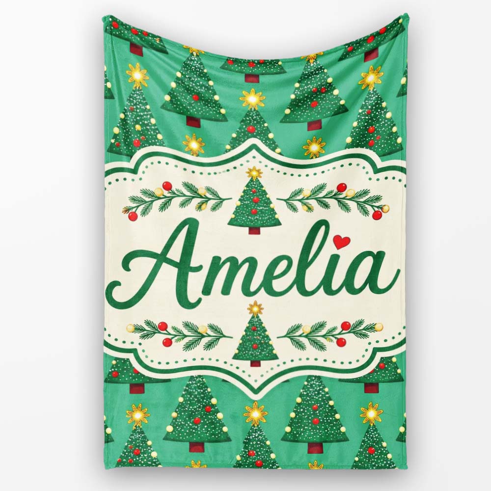Festive Christmas Trees with Golden Star Toppers and Snow Dots  Personalised Custom Name Super Soft Fleece Blanket Bed Sofa Throw