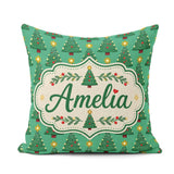 Custom Name Festive Trees with Golden Star Toppers and Snow Dots Square Filled Cushion Throw Pillow Sofa Bed Home Decor Zip Washable UK Made