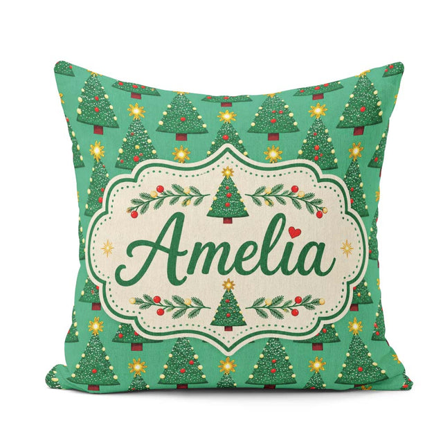 Custom Name Festive Trees with Golden Star Toppers and Snow Dots Square Filled Cushion Throw Pillow Sofa Bed Home Decor Zip Washable UK Made