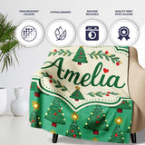 Festive Christmas Trees with Golden Star Toppers and Snow Dots  Personalised Custom Name Super Soft Fleece Blanket Bed Sofa Throw
