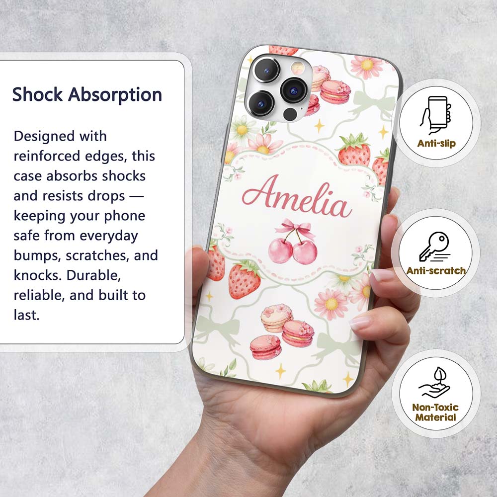 Strawberry Cherry Daisy White Green Outline Cute Custom Name Protective Phone Case Mobile Cover Durable Everyday Smartphone Shock Resistant