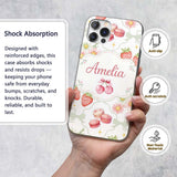 Strawberry Cherry Daisy White Green Outline Cute Custom Name Protective Phone Case Mobile Cover Durable Everyday Smartphone Shock Resistant
