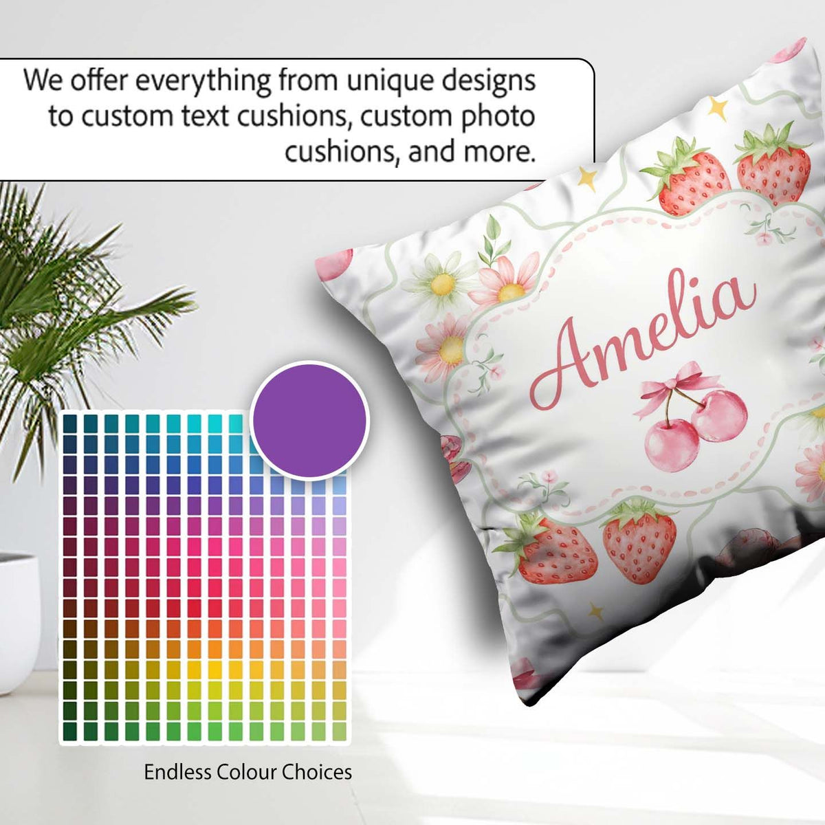 Custom Name Strawberry Cherry Daisy White Green Outline Coquette Square Filled Cushion Throw Pillow Sofa Bed Home Decor Zip Washable UK Made