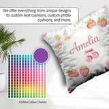 Custom Name Strawberry Cherry Daisy White Green Outline Coquette Square Filled Cushion Throw Pillow Sofa Bed Home Decor Zip Washable UK Made