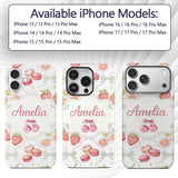 Strawberry Cherry Daisy White Green Outline Cute Custom Name Protective Phone Case Mobile Cover Durable Everyday Smartphone Shock Resistant