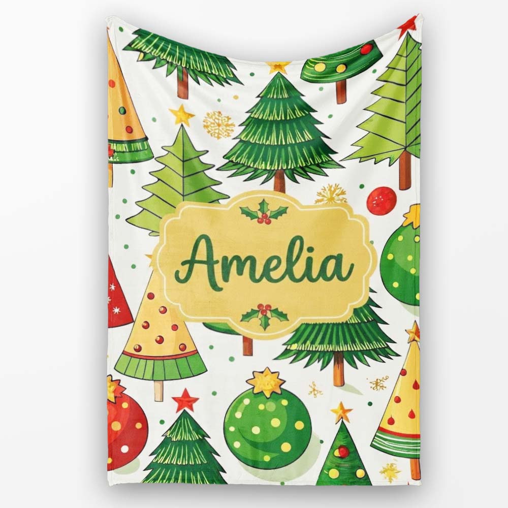 Whimsical Christmas Trees with Baubles Ornaments and Snowflakes  Personalised Custom Name Super Soft Fleece Blanket Bed Sofa Throw