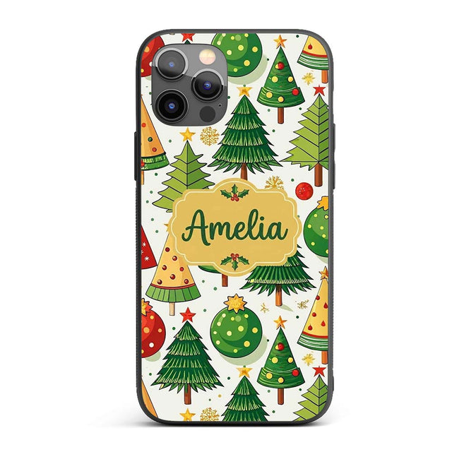 Whimsical Christmas Trees with Baubles Ornaments Custom Name Protective Phone Case Mobile Cover Durable Everyday Smartphone Shock Resistant