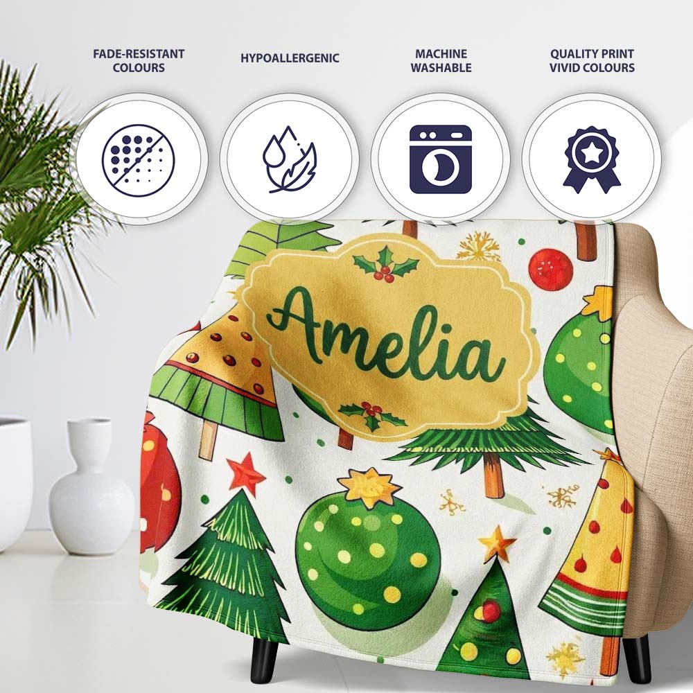 Whimsical Christmas Trees with Baubles Ornaments and Snowflakes  Personalised Custom Name Super Soft Fleece Blanket Bed Sofa Throw
