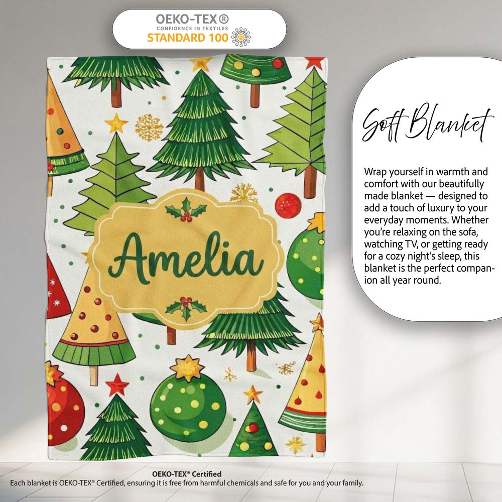 Whimsical Christmas Trees with Baubles Ornaments and Snowflakes  Personalised Custom Name Super Soft Fleece Blanket Bed Sofa Throw