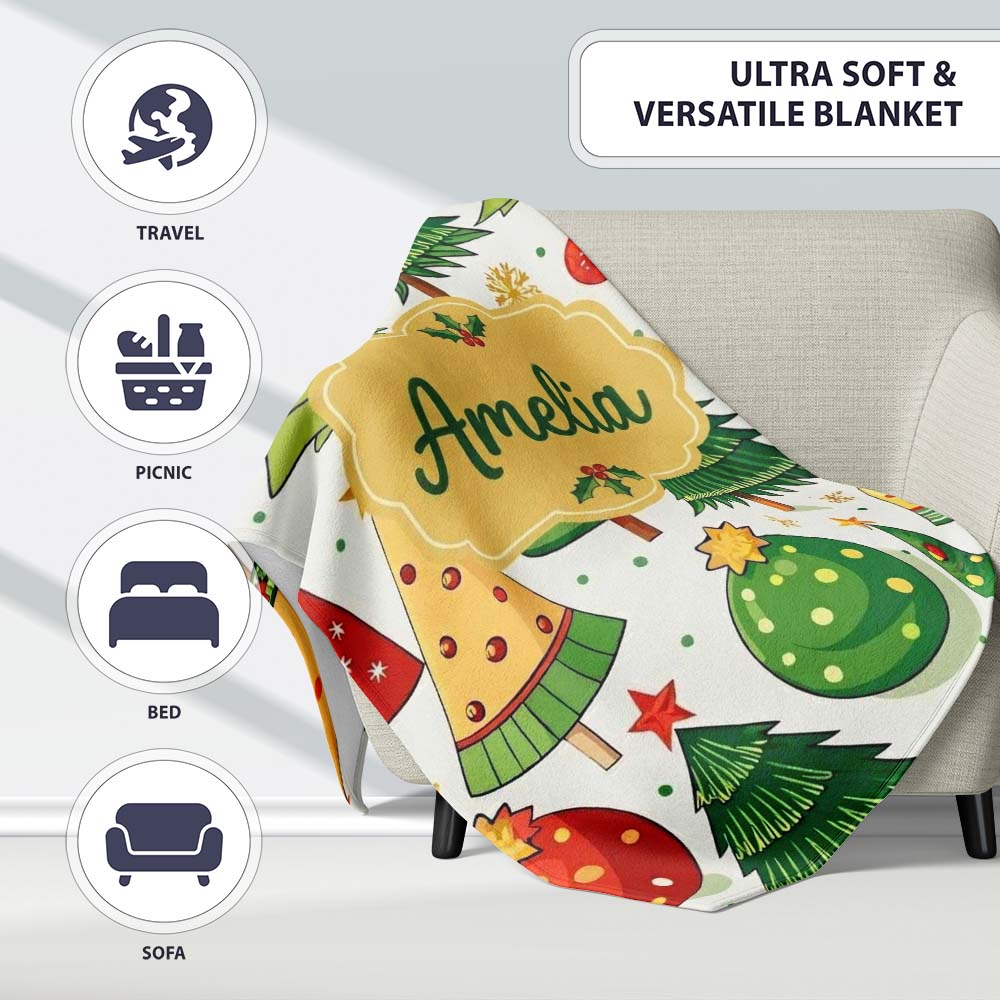 Whimsical Christmas Trees with Baubles Ornaments and Snowflakes  Personalised Custom Name Super Soft Fleece Blanket Bed Sofa Throw