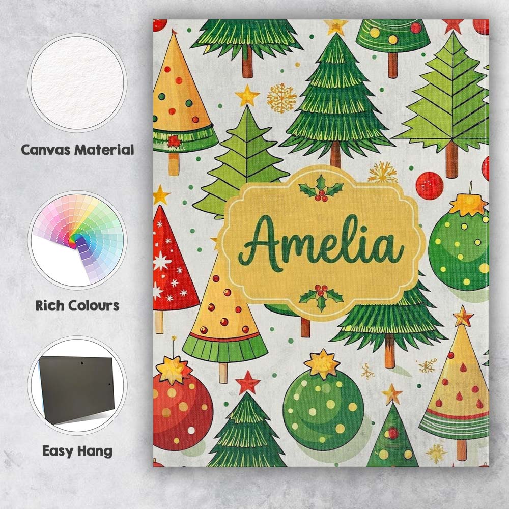 Personalised Name Whimsical Christmas Trees Custom  Bespoke Interior Contemporary Canvas Wall Art Print Decor Picture Ready to Hang