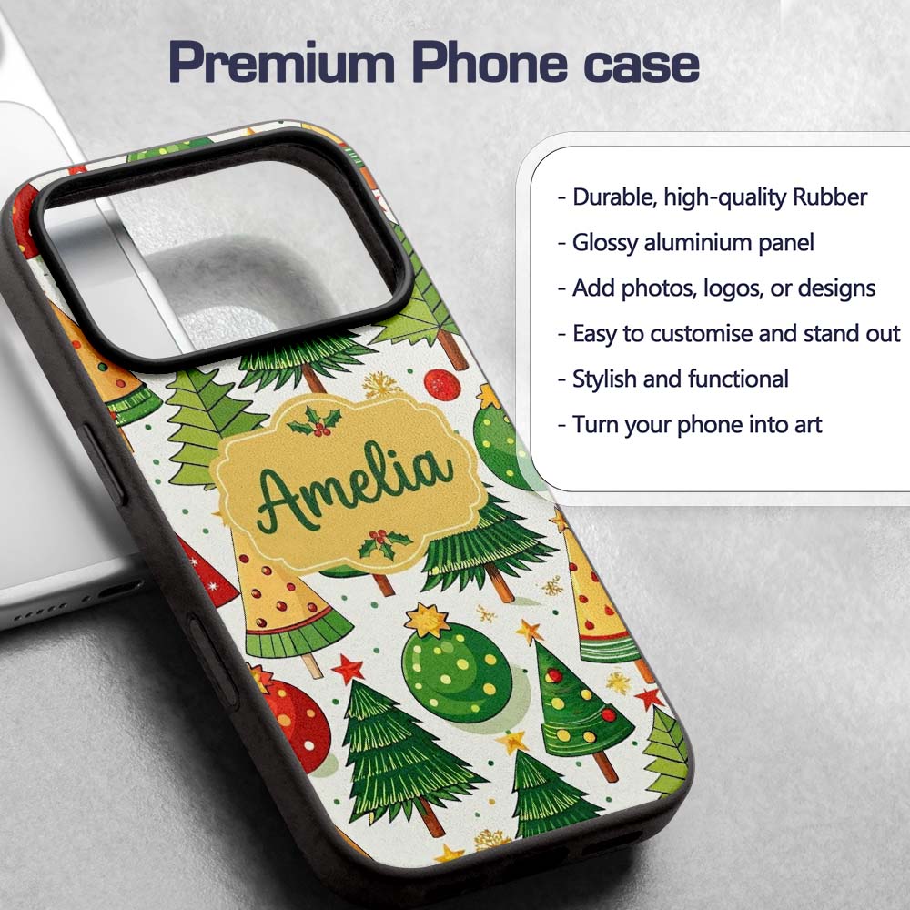 Whimsical Christmas Trees with Baubles Ornaments Custom Name Protective Phone Case Mobile Cover Durable Everyday Smartphone Shock Resistant