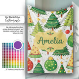 Whimsical Christmas Trees with Baubles Ornaments and Snowflakes  Personalised Custom Name Super Soft Fleece Blanket Bed Sofa Throw