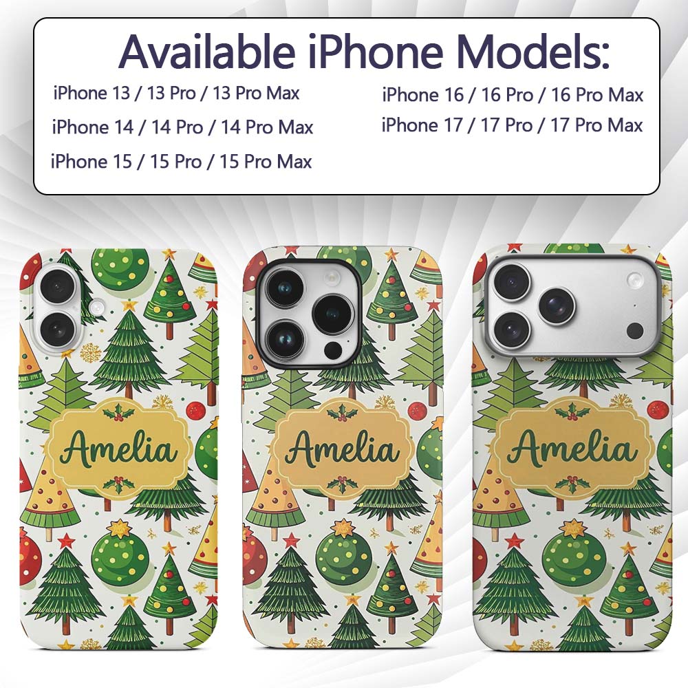 Whimsical Christmas Trees with Baubles Ornaments Custom Name Protective Phone Case Mobile Cover Durable Everyday Smartphone Shock Resistant