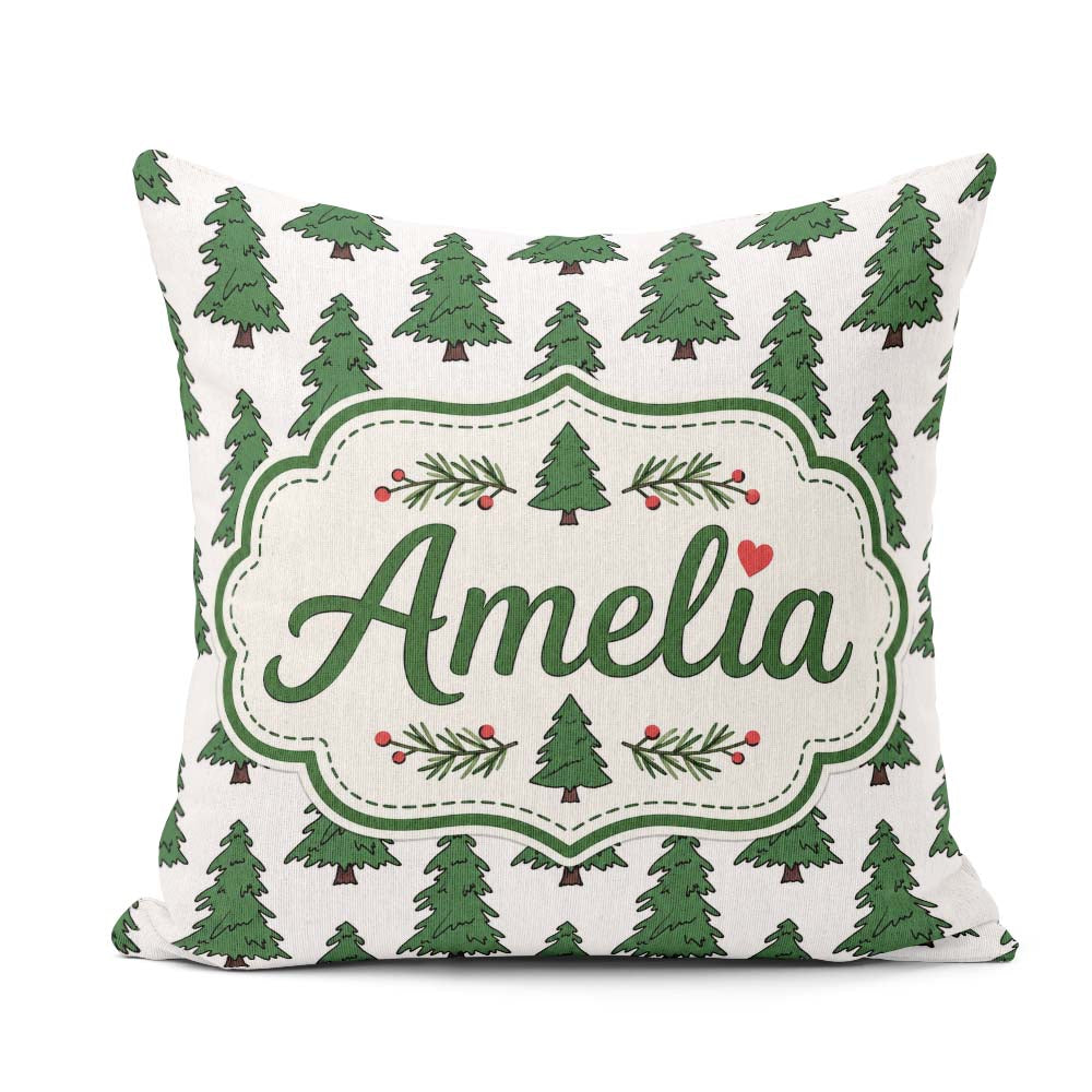 Custom Name Minimal Hand Drawn Christmas Trees on White Seamless Square Filled Cushion Throw Pillow Sofa Bed Home Decor Zip Washable UK Made
