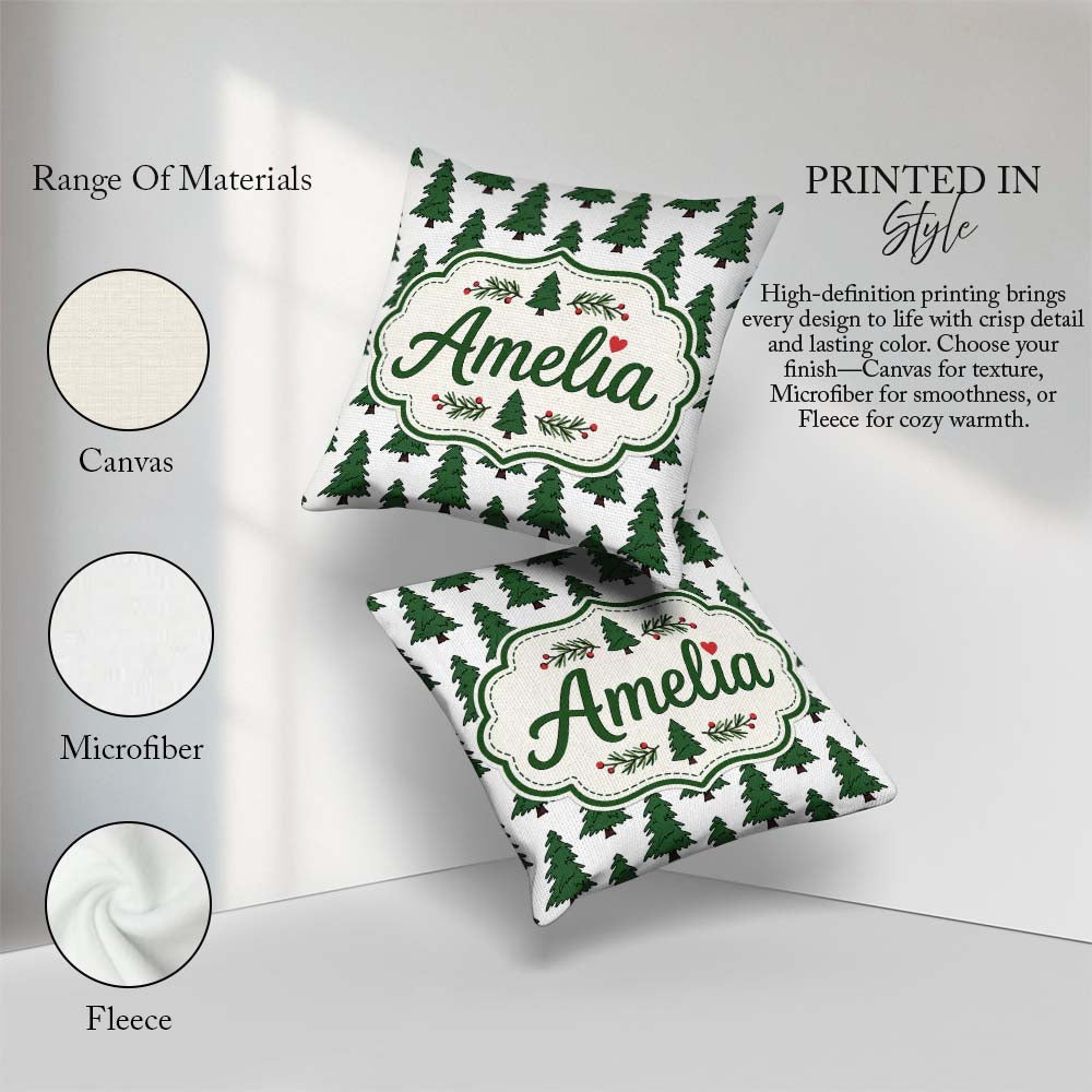 Custom Name Minimal Hand Drawn Christmas Trees on White Seamless Square Filled Cushion Throw Pillow Sofa Bed Home Decor Zip Washable UK Made