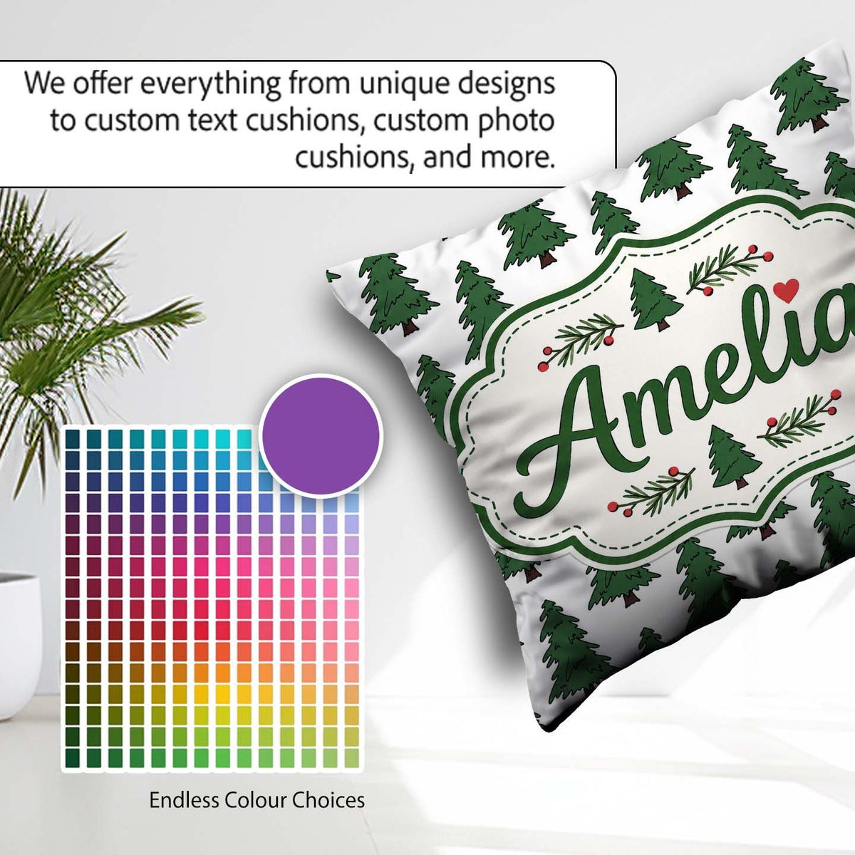 Custom Name Minimal Hand Drawn Christmas Trees on White Seamless Square Filled Cushion Throw Pillow Sofa Bed Home Decor Zip Washable UK Made