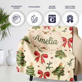 Watercolor Christmas Trees with Red Bows and Winter Elements Lovely  Personalised Custom Name Super Soft Fleece Blanket Bed Sofa Throw