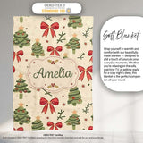 Watercolor Christmas Trees with Red Bows and Winter Elements Lovely  Personalised Custom Name Super Soft Fleece Blanket Bed Sofa Throw