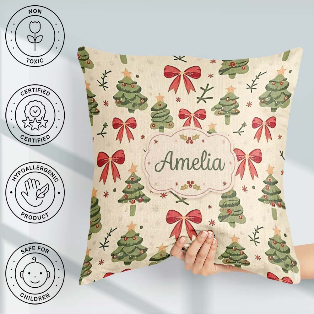 Custom Name Watercolor Christmas Trees with Red Bows and Winter Square Filled Cushion Throw Pillow Sofa Bed Home Decor Zip Washable UK Made