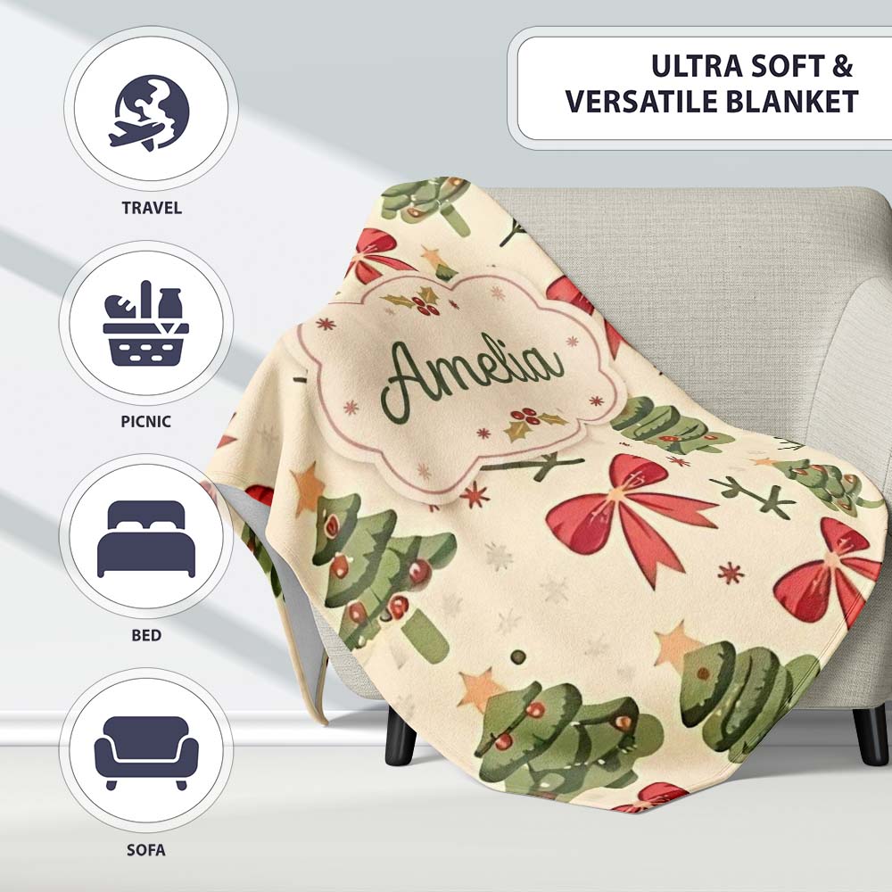 Watercolor Christmas Trees with Red Bows and Winter Elements Lovely  Personalised Custom Name Super Soft Fleece Blanket Bed Sofa Throw