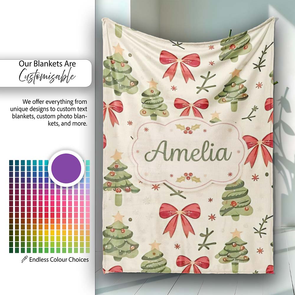 Watercolor Christmas Trees with Red Bows and Winter Elements Lovely  Personalised Custom Name Super Soft Fleece Blanket Bed Sofa Throw