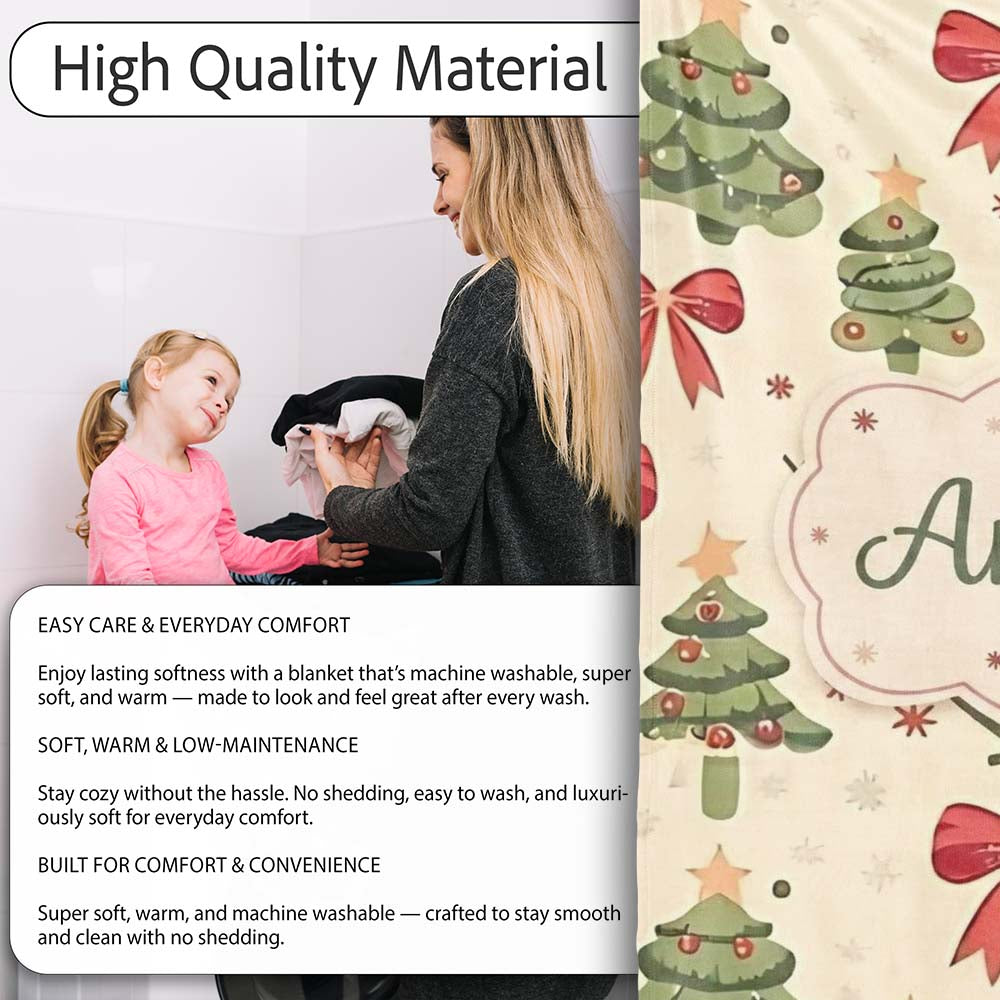 Watercolor Christmas Trees with Red Bows and Winter Elements Lovely  Personalised Custom Name Super Soft Fleece Blanket Bed Sofa Throw